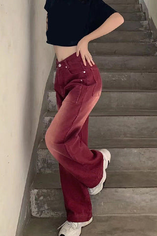 High Waist Retro Red Denim Long Pants