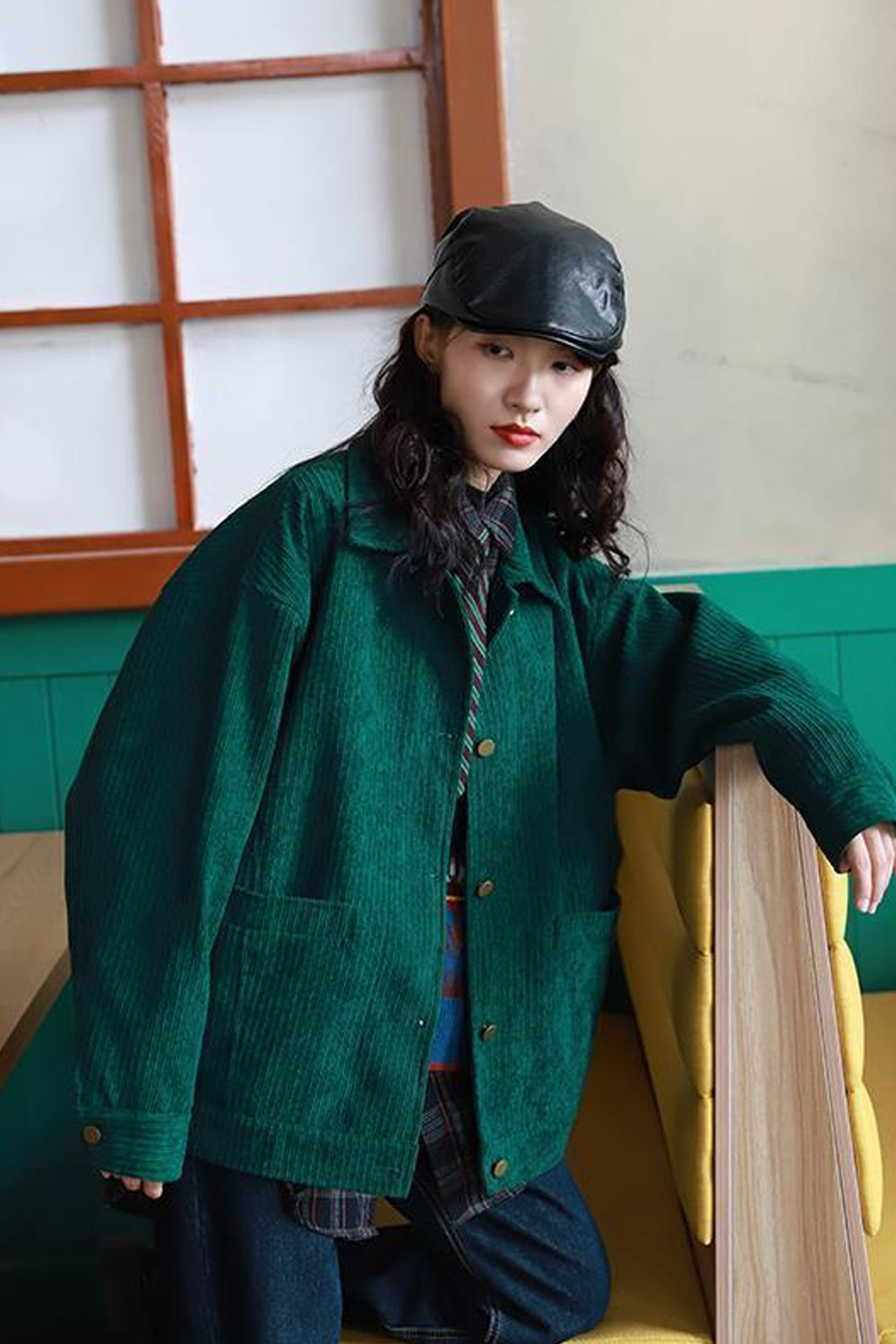 Solid Green Color Corduroy Basic Jacket