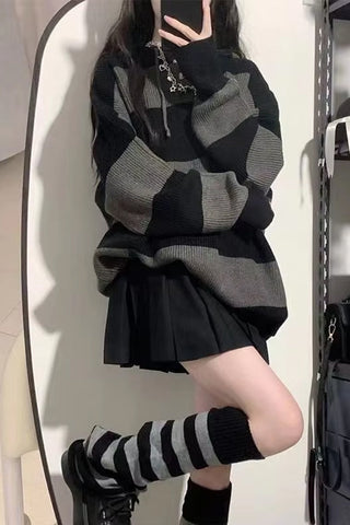 Loose Hooded Grey Striped Casual Sweater