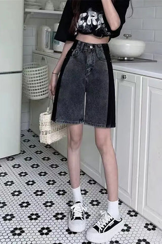 High Waist Black Side Grey Denim Shorts