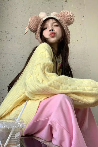 Long Sleeve Cute Yellow Knitted Cardigan Sweater