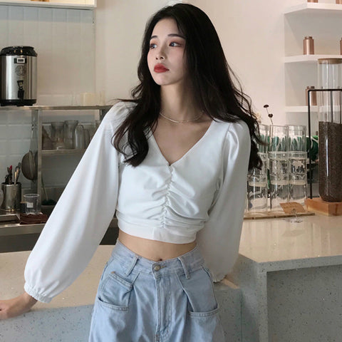 Sexy Elegant V-Neck Long Puff Sleeve Crop Tops