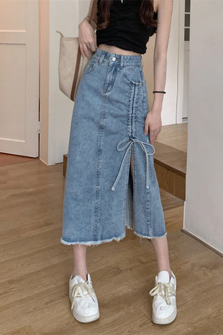 High Waist Rutched Split Long Denim Skirts