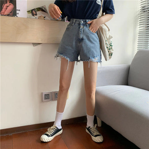 Double Buttons Ripped Shorts Jeans