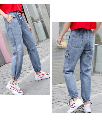 Pocket Denim Elastic Waist Harem Style Jeans