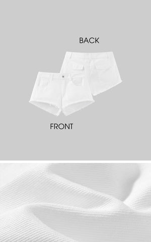 Raw Hem Denim Shorts with Low Rise Cut and Back Flap Pockets