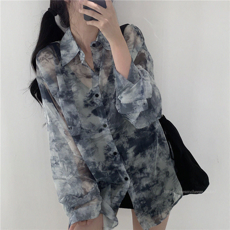 Tie Dye Long Sleeve Sun Proof Loose Blouse Shirt