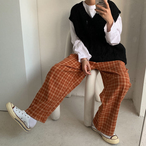 High Waist Plaid Colors Loose Pants