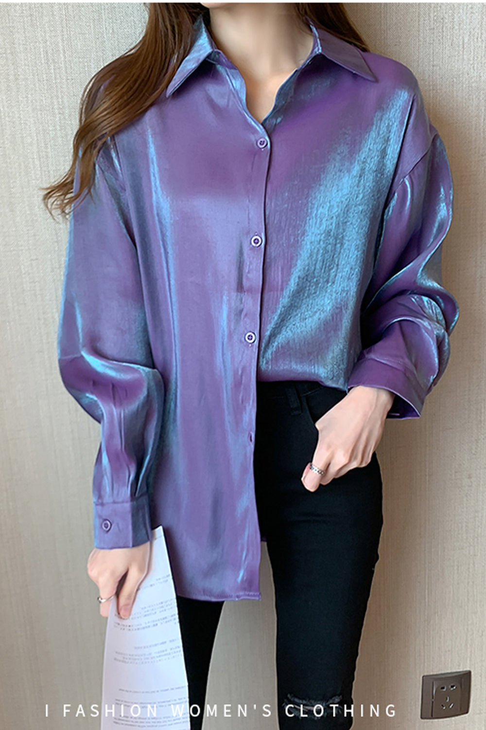 Long Sleeve Glossy Color Satin Blouse Shirt