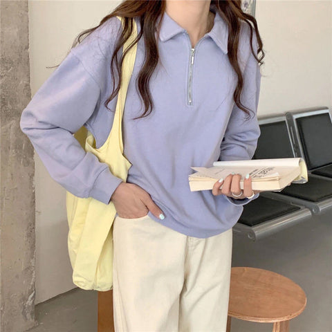 Long Sleeve Turn Down Collar Zipper Sweatshirt