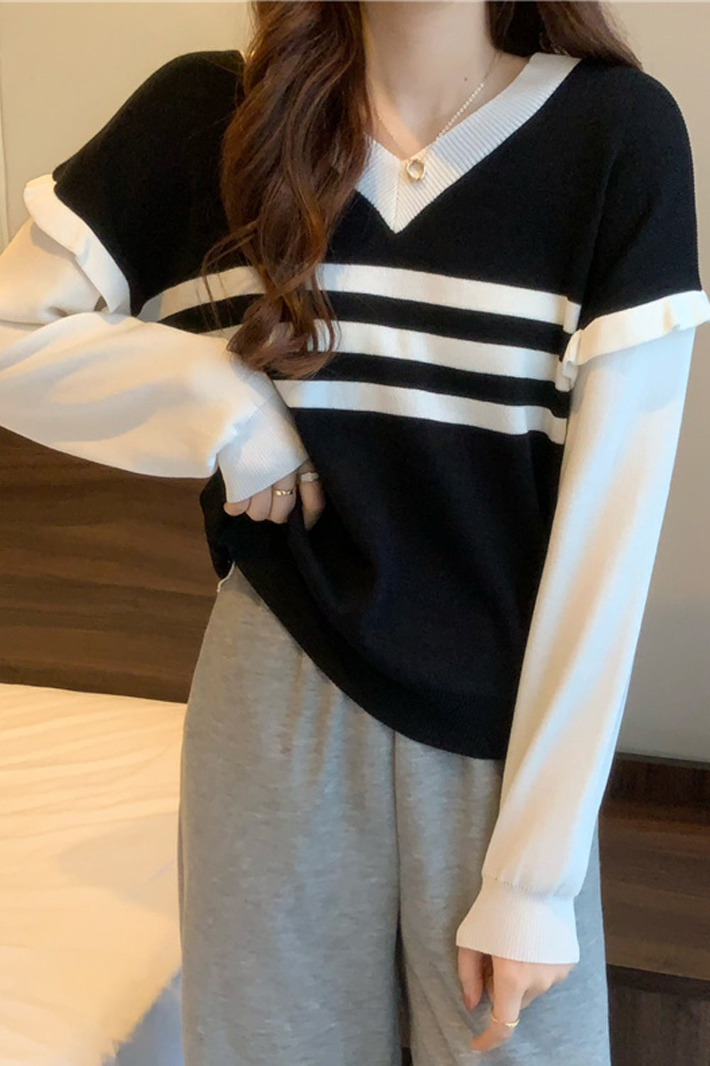 Long Sleeve Cute Ruffles Style Striped Sweater