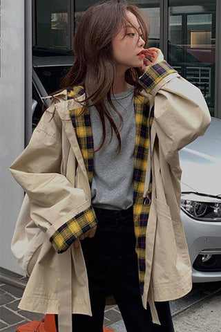 Plaid Spliced Retro Windbreaker Coat Jacket