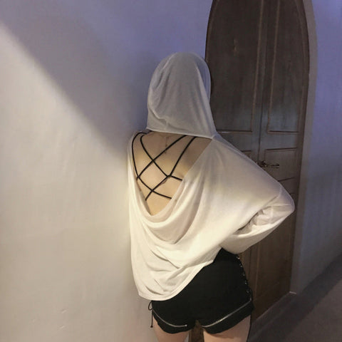 Sexy Backless Loose Thin Hooded Long Sleeve Shirt