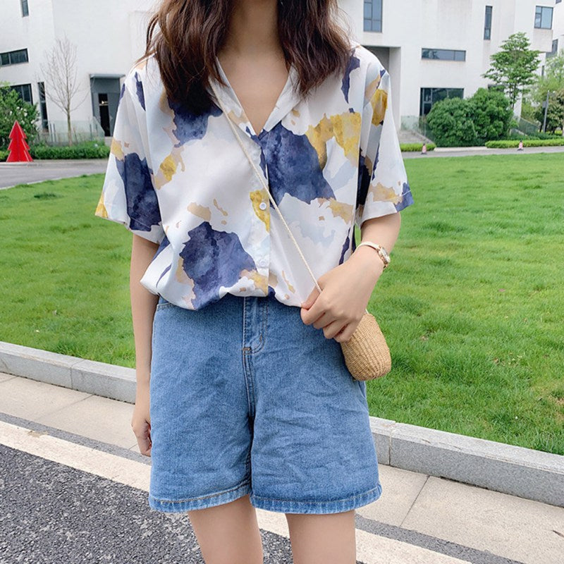 Art Paint Printed Short Sleeve Blouse Shirt