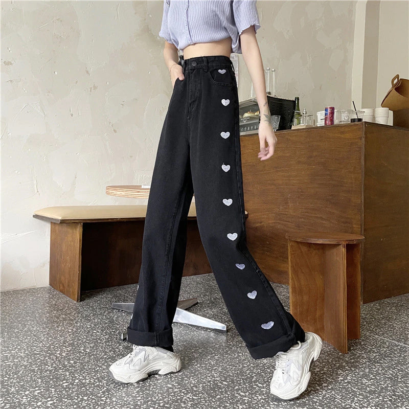 High Waist Heart Embroidered Long Jeans Pants