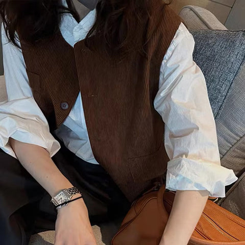 Retro O-Neck Corduroy Vest Sleeveless Sweater