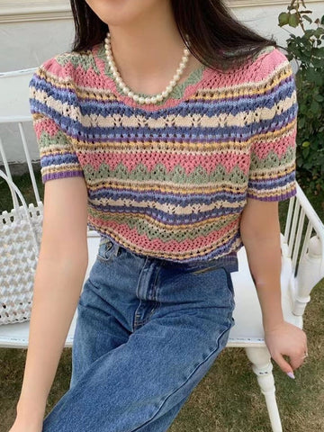 Retro Knitted Hollow Out Striped Slim Shirts