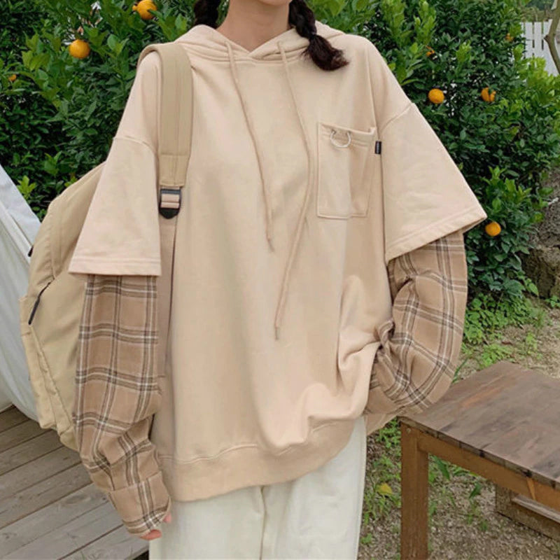 Long Sleeve Fake Two Piece Hooded Sleeve Plaid