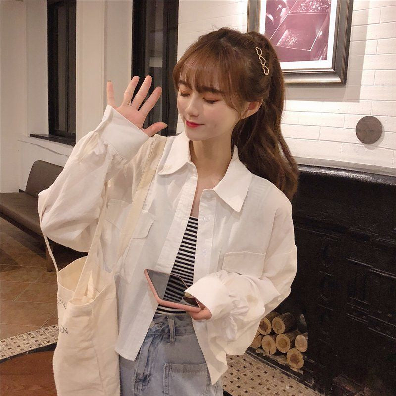 Long Sleeve Turn Down Collar Cropped Shirts
