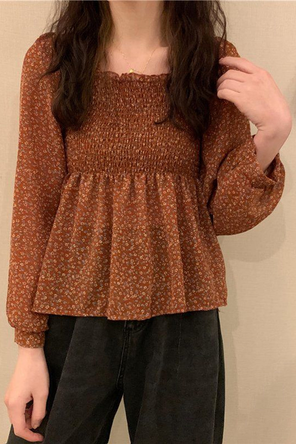Long Lantern Sleeve Square Collar Blouse Shirts
