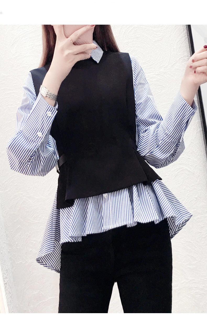 Blue Striped Slim Office Blouse Shirt