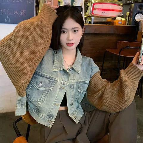 Casual Denim Knitted Combination Cropped Sweater