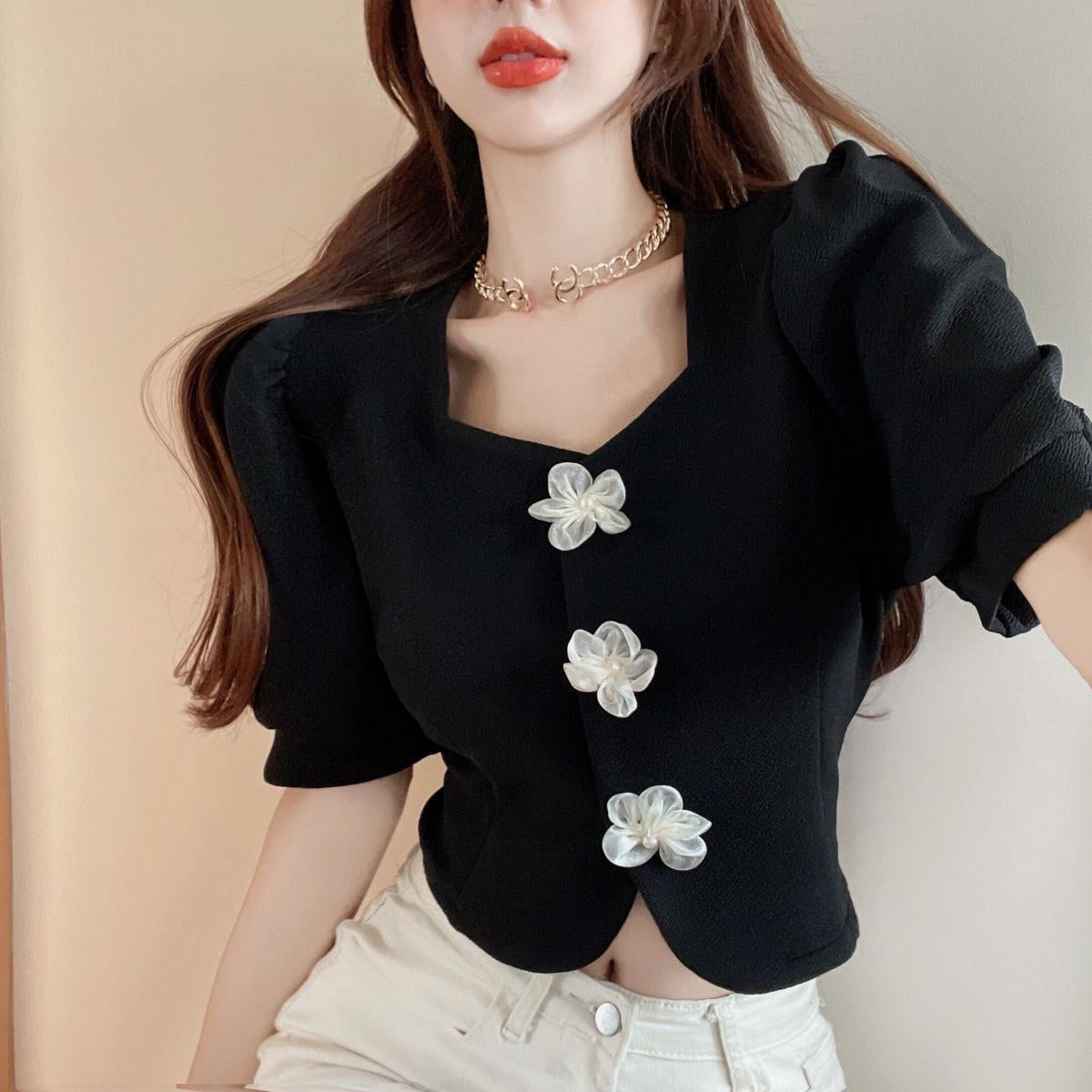 Puff Sleeve Flowers Button Office Blouse Shirt