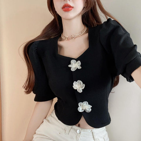 Puff Sleeve Flowers Button Office Blouse Shirt