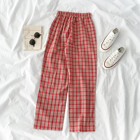 High Waist Wide Leg Loose Casual Plaid Pants