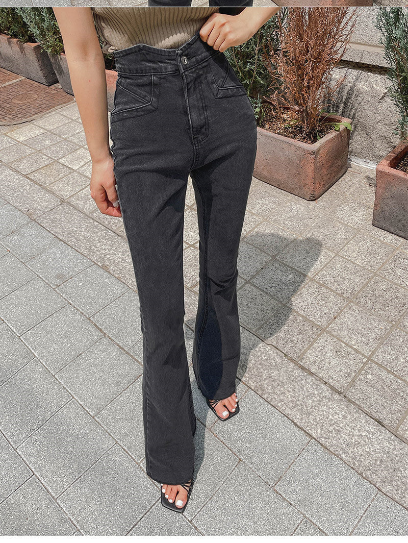 High Waist Grey Flare Jeans Pants