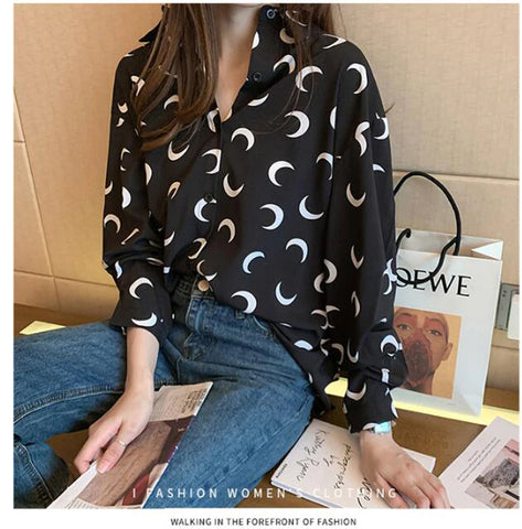 Moon Printed Turn Down Collar Long Sleeve Blouse Shirt