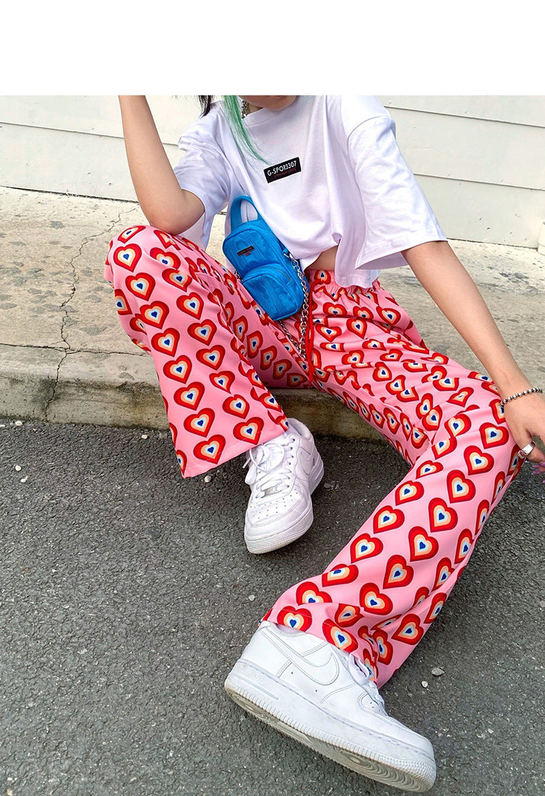 Heart Full Printed Long Straight Pink Pants