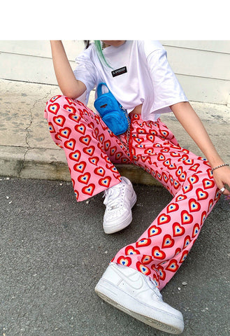 Heart Full Printed Long Straight Pink Pants