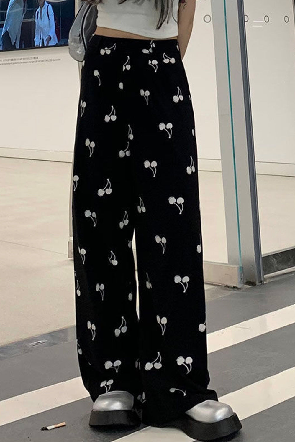 High Waist Cherry Pattern Long Black Pants