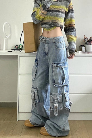 Wide Leg Multi Pockets Cargo Jeans Pants