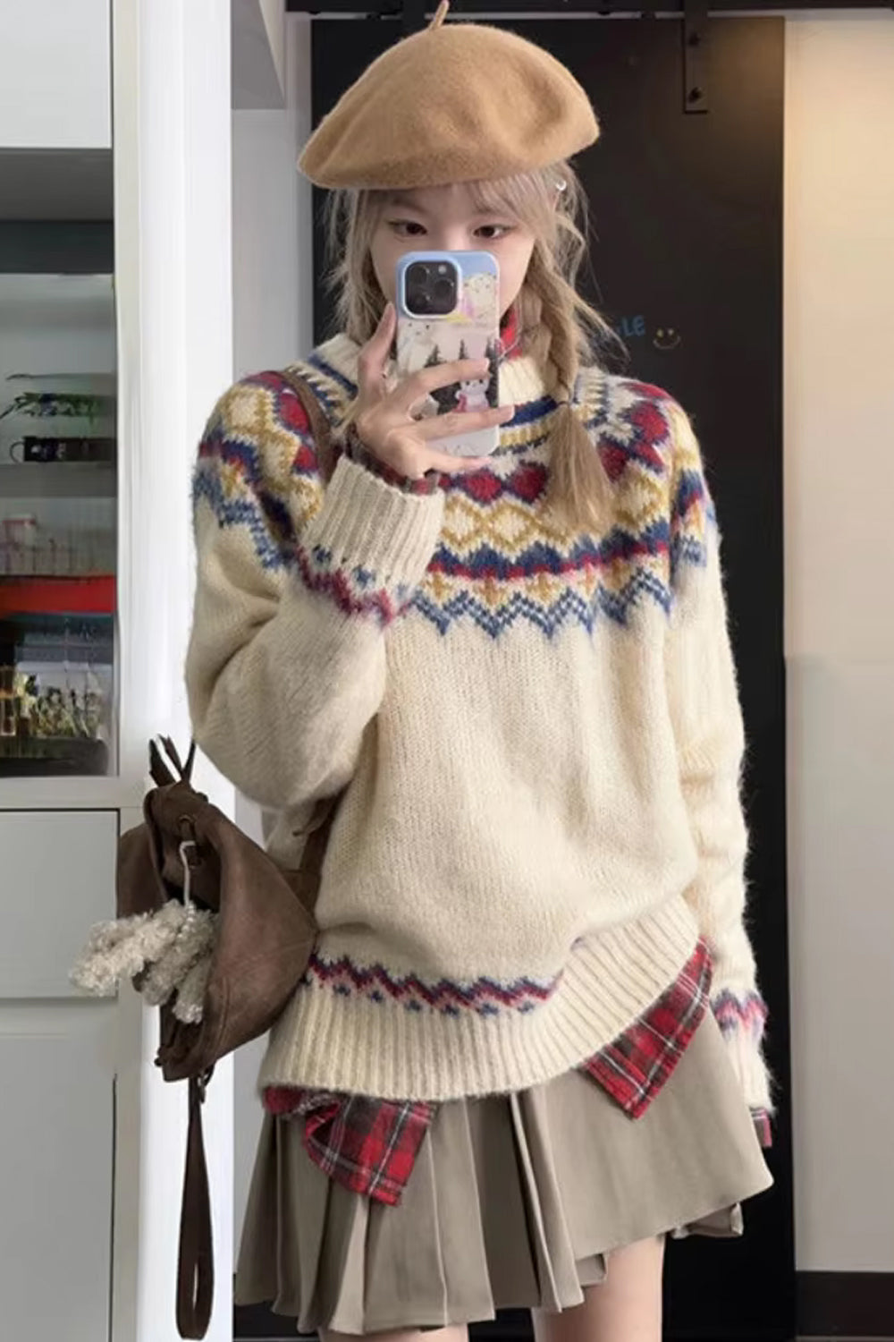 Loose Neck Argyle Pattern Knitted Sweater