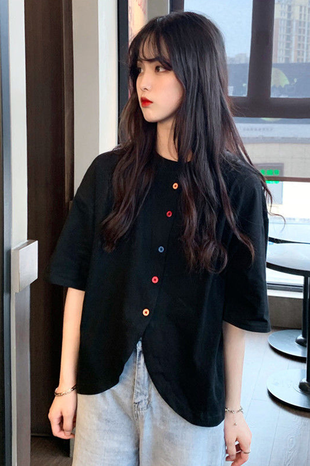 Colorful Buttons Short Sleeve Irregular Shirt