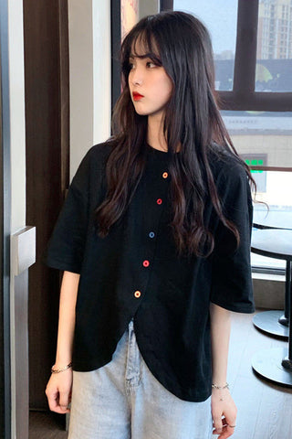 Colorful Buttons Short Sleeve Irregular Shirt