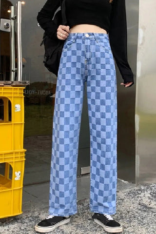 High Waist Plaid Checkerboard Denim Pants
