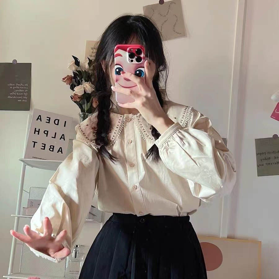 Long Sleeve Cute Peter Pan Collar Flower Blouse Shirt