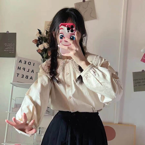 Long Sleeve Cute Peter Pan Collar Flower Blouse Shirt