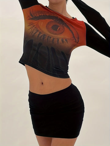 Crop Tee Y2K Eye Print Y2K Eye Print Crop Tee, Crew Neck Long Sleeve Slim T-shirt, Clothing