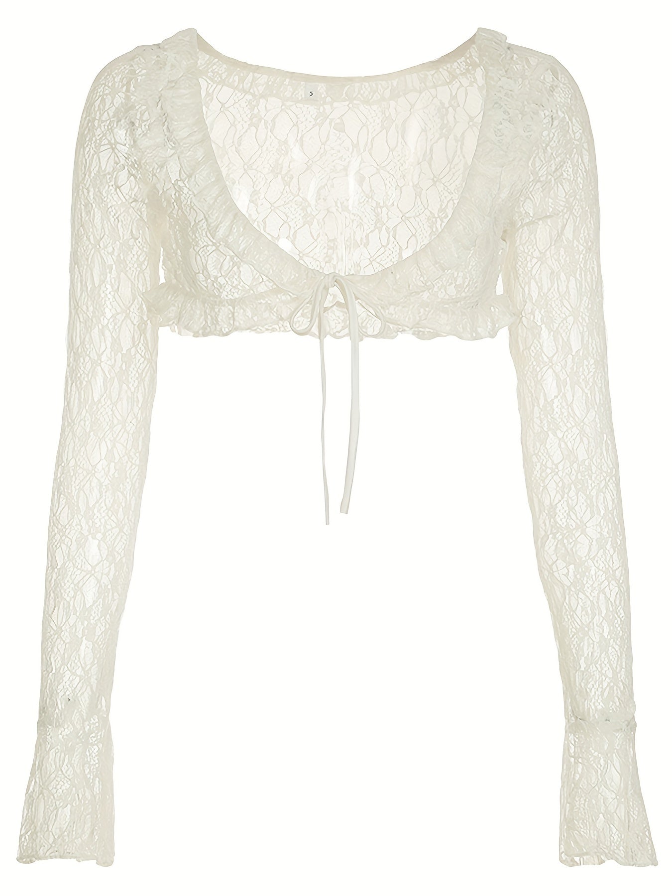 Chic Y2K-Inspired Sheer Lace Cropped Cardigan with Ruffle Hem - French Style Bell Sleeve V-Neck, Polyester Blend, Machine Washable - Versatile All-Season Top