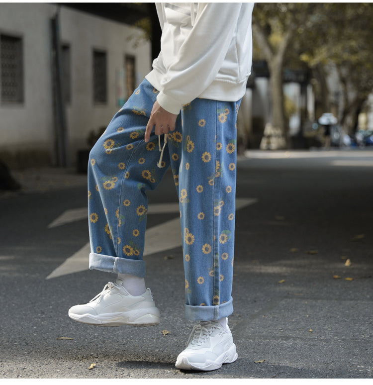 Sun Flower Printed Jeans Pants