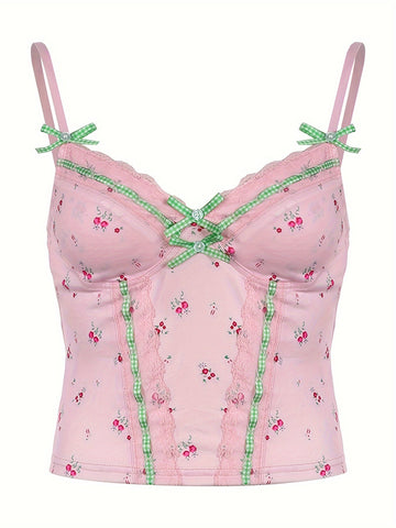 Chic Y2K Floral & Plaid Lace-Trim Cami Top - French-Inspired, Stretchy Linen Blend, Machine Washable - Perfect for All Seasons