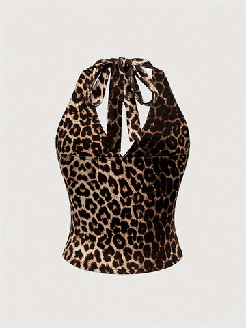 Stretchy Polyester Blend Leopard Print Halter Top - Y2K Grunge Punk Casual Ruched Detail for - Machine Washable