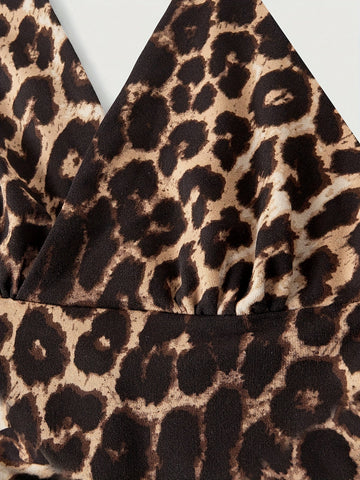 Stretchy Polyester Blend Leopard Print Halter Top - Y2K Grunge Punk Casual Ruched Detail for - Machine Washable