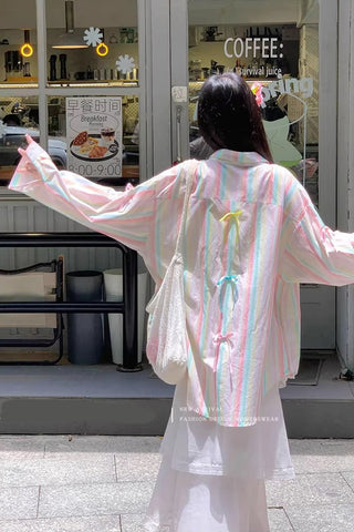 Long Sleeve Rainbow Striped With Cute Bow Blouse Shirt