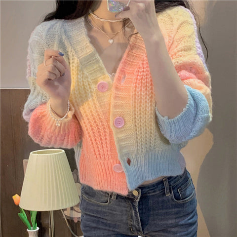 Retro Gradient Colors Crop Knitted Sweater