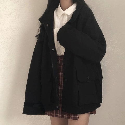 Loose Long Sleeve Solid Cargo Pockets Jacket